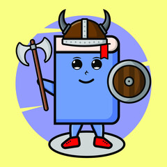 Book viking pirate character cartoon with hat and holding ax and shield in cute style design for t-shirt, sticker, logo element, poster
