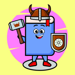 Book viking pirate character cartoon with hat and holding hammer and shield in cute style design for t-shirt, sticker, logo element, poster