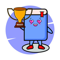 Cartoon illustration of book is holding up the golden trophy with happy gesture, cute style design for t-shirt, sticker, logo element