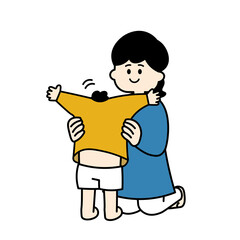 こどもを着替えさせる母親　カラー