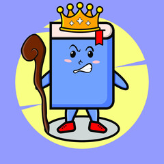 Cartoon book mascot as wise king with golden crown and wooden stick cute style design for t-shirt, sticker, logo element