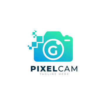 Letter G Inside Camera Photo Pixel Technology Logo Design Template