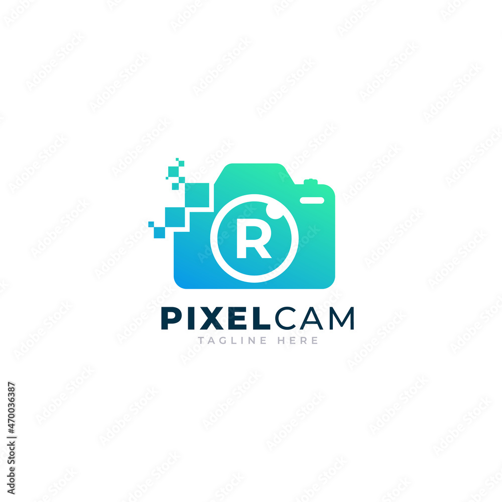 Wall mural letter r inside camera photo pixel technology logo design template