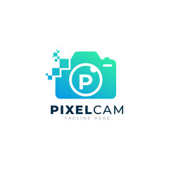 Letter P Inside Camera Photo Pixel Technology Logo Design Template