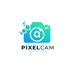 Letter Q Inside Camera Photo Pixel Technology Logo Design Template