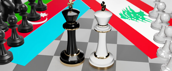 Azerbaijan and Lebanon - talks, debate, dialog or a confrontation between those two countries shown as two chess kings with flags that symbolize art of meetings and negotiations, 3d illustration