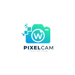 Letter W Inside Camera Photo Pixel Technology Logo Design Template