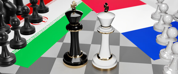 Iran and France - talks, debate, dialog or a confrontation between those two countries shown as two chess kings with flags that symbolize art of meetings and negotiations, 3d illustration