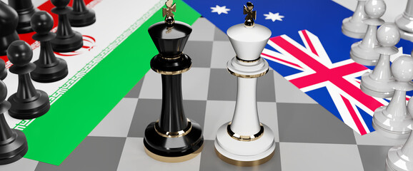 Iran and Australia - talks, debate, dialog or a confrontation between those two countries shown as two chess kings with flags that symbolize art of meetings and negotiations, 3d illustration