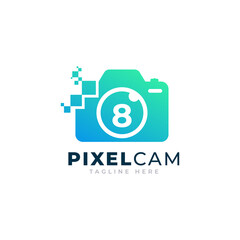 Number 8 Inside Camera Photo Pixel Technology Logo Design Template