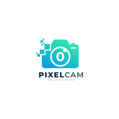 Number 0 Inside Camera Photo Pixel Technology Logo Design Template