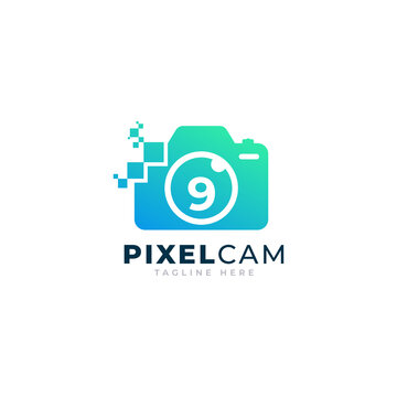 Number 9 Inside Camera Photo Pixel Technology Logo Design Template