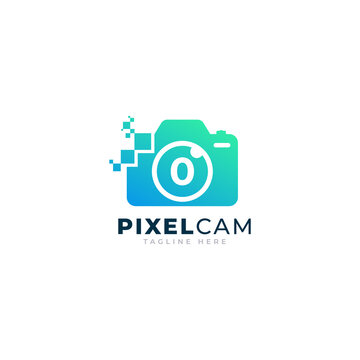 Number 0 Inside Camera Photo Pixel Technology Logo Design Template