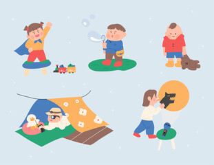 Cute children playing various games. flat design style vector illustration.