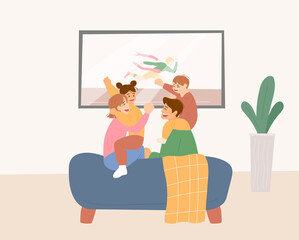 The family is sitting on the sofa together and watching TV, having fun. flat design style vector illustration.