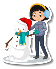Girl building a snowman cartoon sticker