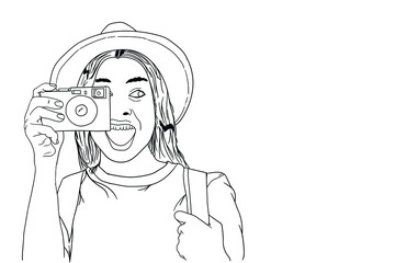 A woman holding a camera, early year holidays, capturing the moment. Images are suitable for use as graphic resources