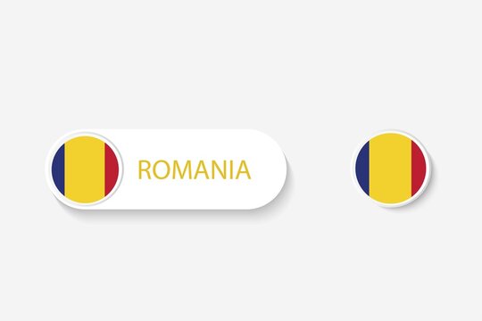 Romania button flag in illustration of oval shaped with word of Romania. And button flag Romania.