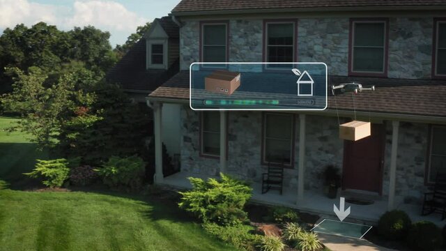 Completion of drone package delivery animation. Midair flight drops package in zone at front door of home.