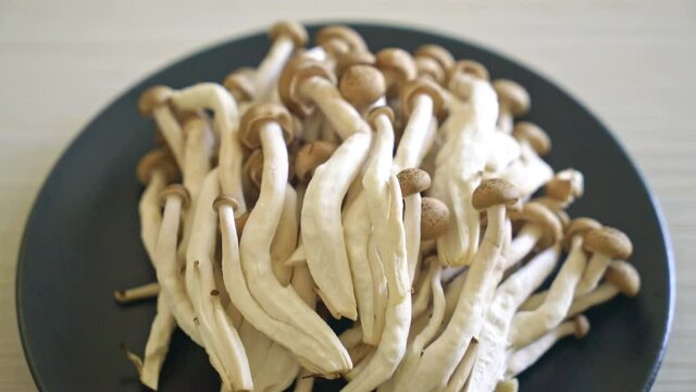 fresh brown beech mushroom or black reishi mushroom on plate