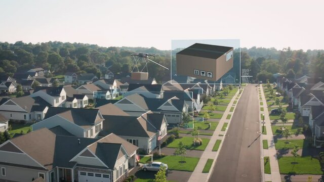 Symbol of package delivery over neighborhood homes. Futuristic logistics concept with animation and illustration.