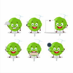 Cartoon character of sweet melon lollipop with various chef emoticons