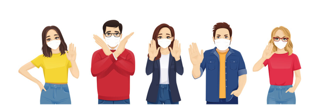 Disagree young people showing crossed arms and stop palms, wearing protective medical mask as protection against transmissible infectious diseases, flu and air pollution vector illustration