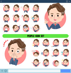 アイコン形式で様々な感情表現をするスポーツウエアを着た中年男性のセット