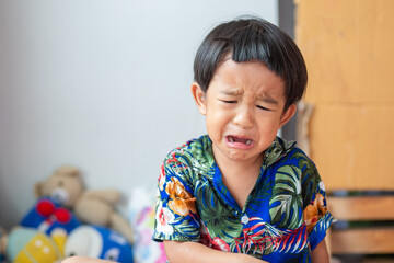 Little asian 2-3 year old boy crying in house