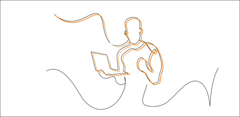 Creative drawing portrait of happy person receiving success news holding laptop computer. advertising for business successful confident male simple background
