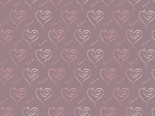 Sweet hearts and text I love you. Pink, brawn and cream colours texture. Background seamless pattern.