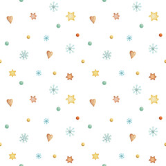 Seamless christmas winter pattern with hearts, snowflakes stars and balls. Hand drawn illustration.