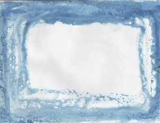 Blue and white watercolor background. Frame. Transparent lines and spots on a white paper background. Paint leaks and ombre effects. Abstract hand-painted image © Olirina