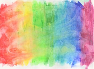 Rainbow watercolor background. Transparent lines and spots on a white paper background. Paint leaks and ombre effects. Abstract hand-painted image.