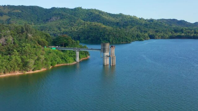Aerial forward over Hatillo dam waters, Dominican Republic