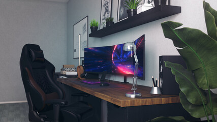 Games room with a cyber gamer computer. 3d rendering image of neon lighting