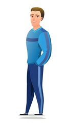 Man in tracksuit. Guy got ready for sports activities. Cheerful person. Standing pose. Cartoon comic style flat design. Single character. Illustration isolated on white background. Vector