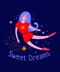 Cute girl with blue hair and in red pajamas on a blue background. Night sky print. Sweet Dreams
