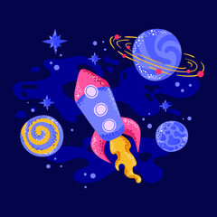 Rocket in space. Stars and planets in the night sky. Blue space print.