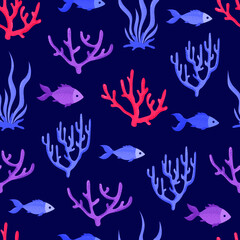 Colorful corals, algae and fish on a blue background. Sea illustration, seamless pattern