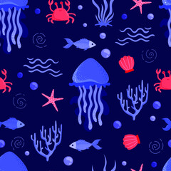 Jellyfish, fish and algae on a blue background. Sea animals, illustration, seamless pattern