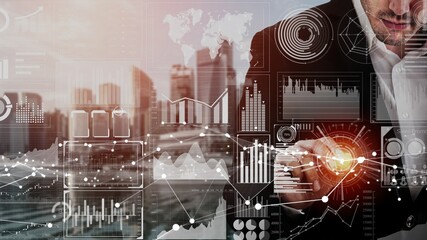 Big Data Technology for Business Finance Analytic conceptual . Modern graphic interface shows massive information of business sale report, profit chart and stock market trends analysis .