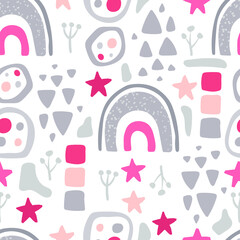 Abstract rainbow and clouds on a white background. Gray and pink shapes, geometric seamless pattern.