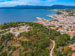 Aerial view of the beautiful seaside city of Pylos located in western Messenia in Peloponnese, Greece