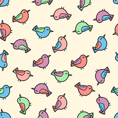 Seamless pattern with funny colorful birds. Color flat vector illustration with little cartoon bird. Cute characters. Template design for invitation, poster, card, flyer, textile, fabric for kids