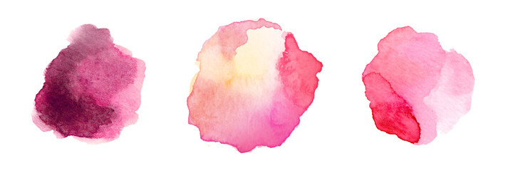 Pink watercolor stains set on textured paper. Colored splash or spot in wine tone. Abstract circles of delicate floral shade on white isolated background. Painted illustration for corporate style.