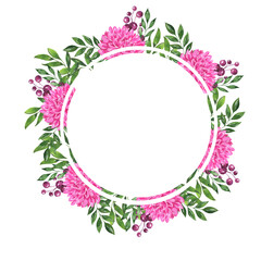 Pink flowers, violet berries and green leaves round frame. Hand drawn watercolor illustration.