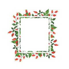 Decorative autumn red berries and green leaves card. Hand drawn watercolor illustration.