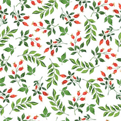 Seamless pattern with red autumn berries and green leaves. Hand drawn watercolor illustration.