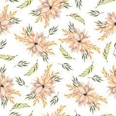 Seamless pattern with beige autumn flowers, green leaves and yellow fall branches. Hand drawn watercolor illustration.